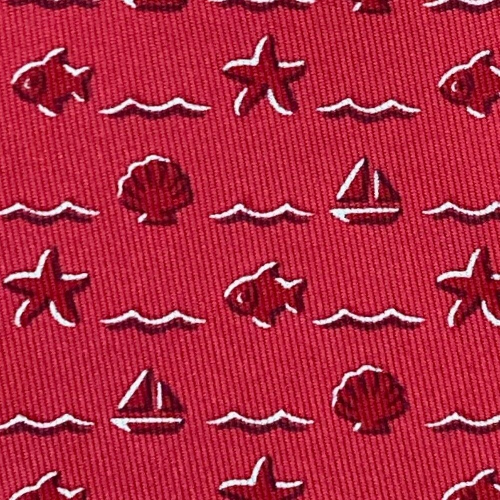 FUN HIP HERMES TIE ~ DARKER RED w/ WHIMSICAL BEACH SHELL FISH BOAT OCEAN XL